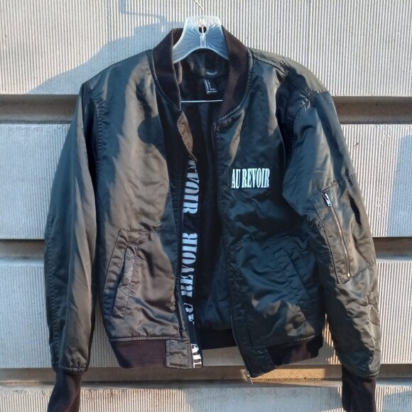 Forever 21 "Au Revoir" Black (greenish) Bomber Jacket (S) - Picture 2 of 16